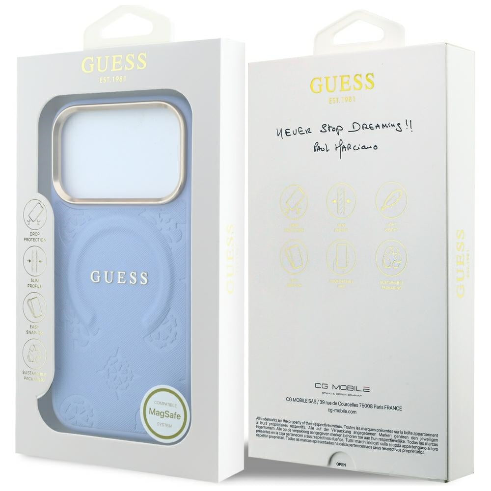 MagSafe pouzdro pro Apple iPhone 18 Pro / 17 Pro, Guess, Saffiano Peony Ring, Bleu
