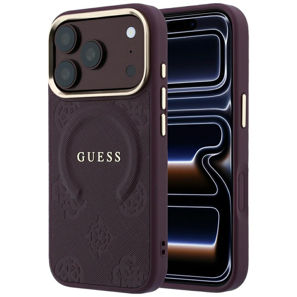 MagSafe pouzdro pro Apple iPhone 18 Pro / 17 Pro, Guess, Saffiano Peony Ring, Tmavě červená
