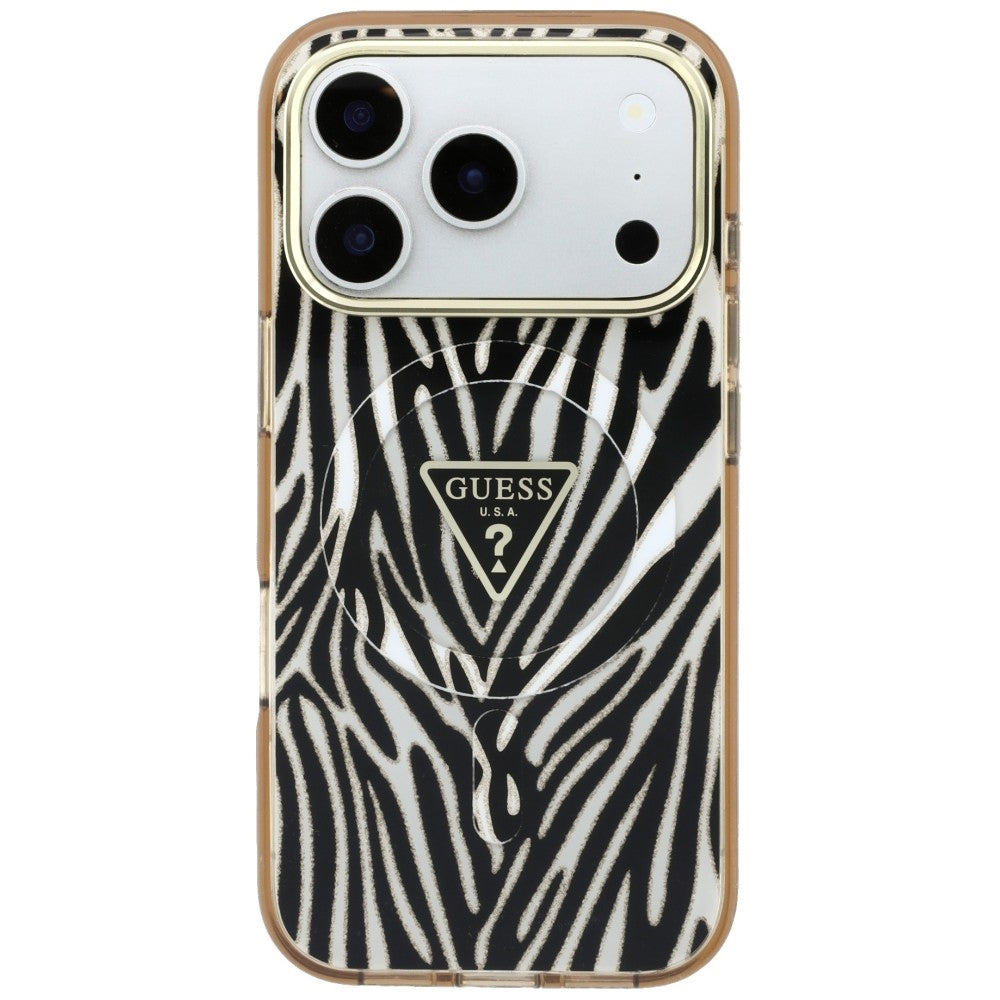 MagSafe pouzdro pro Apple iPhone 18 Pro / 17 Pro, Guess, Zebra Glitter Triangle Logo, Zlaté