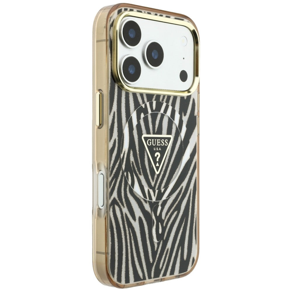 MagSafe pouzdro pro Apple iPhone 18 Pro / 17 Pro, Guess, Zebra Glitter Triangle Logo, Zlaté