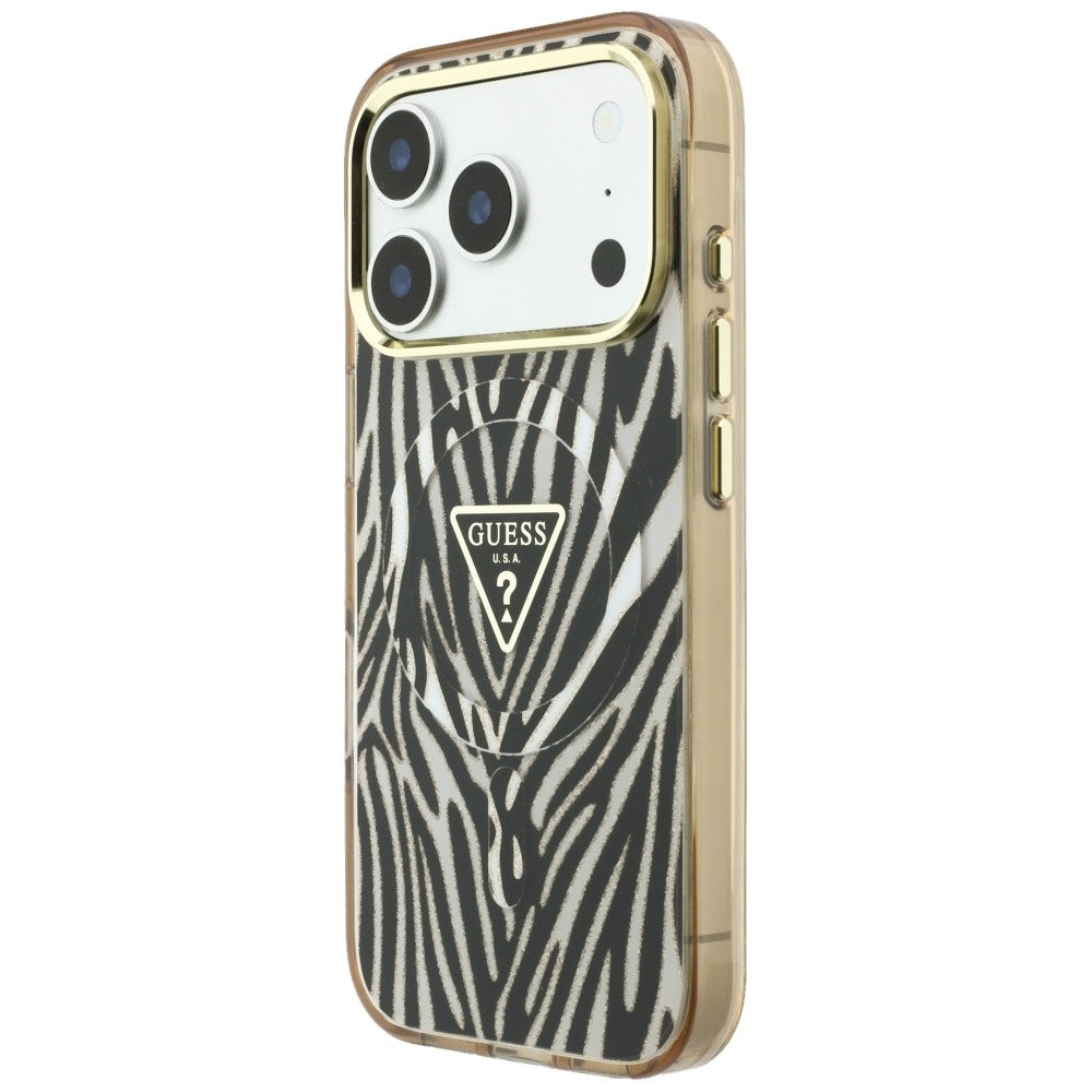 MagSafe pouzdro pro Apple iPhone 18 Pro / 17 Pro, Guess, Zebra Glitter Triangle Logo, Zlaté