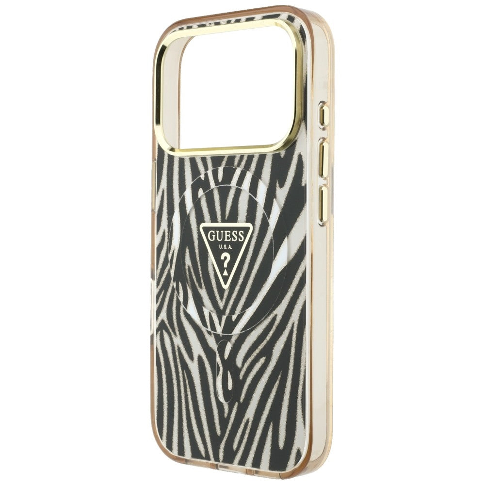 MagSafe pouzdro pro Apple iPhone 18 Pro / 17 Pro, Guess, Zebra Glitter Triangle Logo, Zlaté