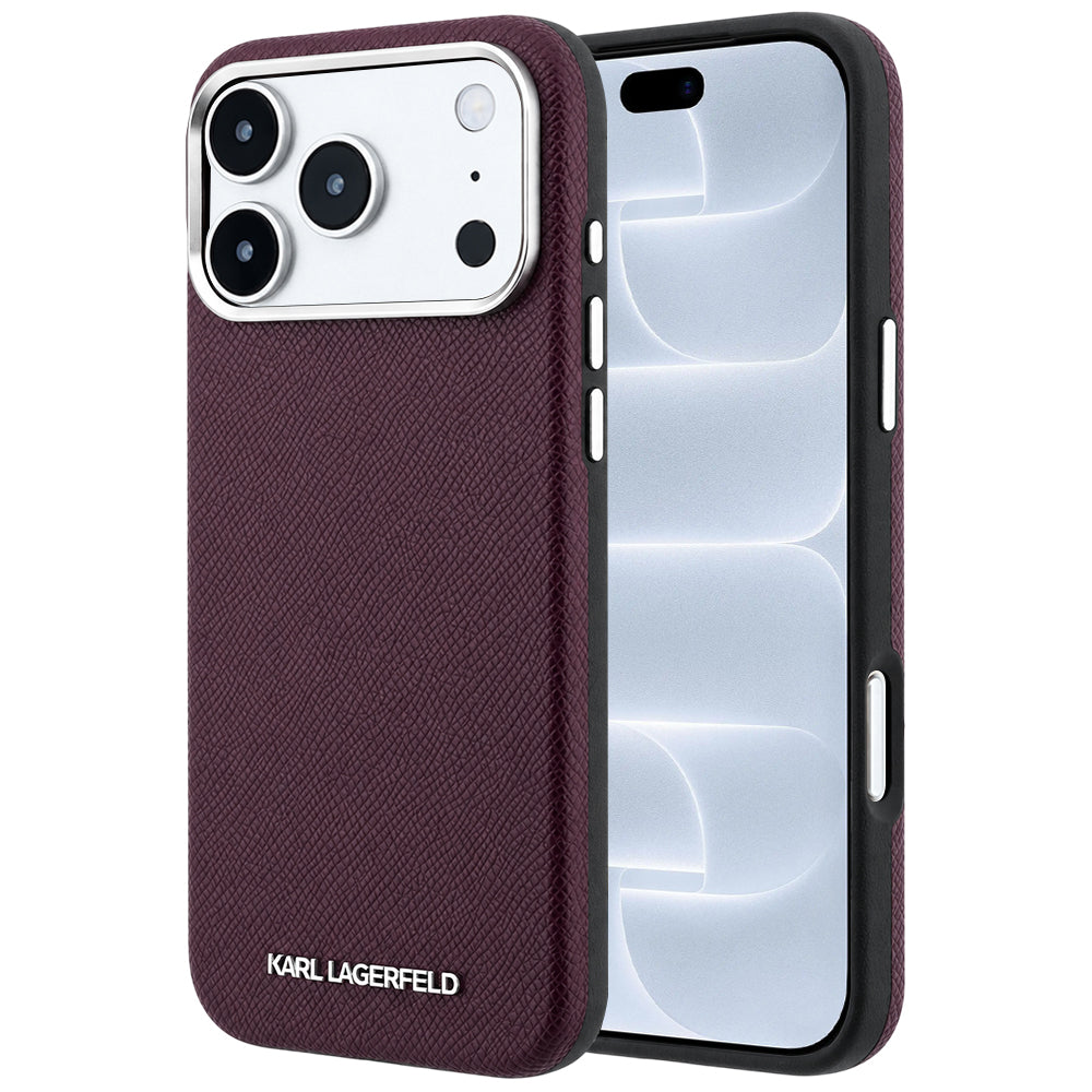 MagSafe pouzdro pro Apple iPhone 18 Pro / 17 Pro, Karl Lagerfeld, Zrnitý prodloužený logo, Tmavě červená