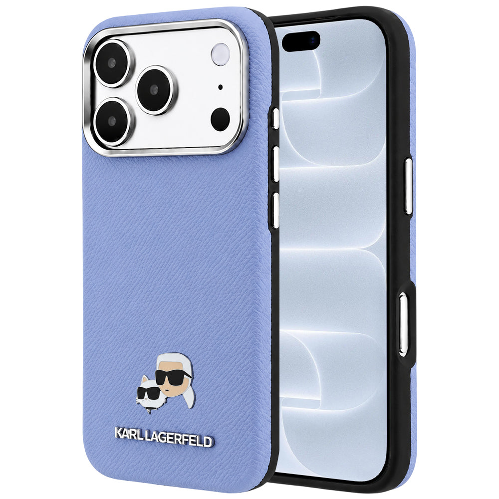 MagSafe pouzdro pro Apple iPhone 18 Pro / 17 Pro, Karl Lagerfeld, Grained Karl & Choupette Head's Metal, Bleu