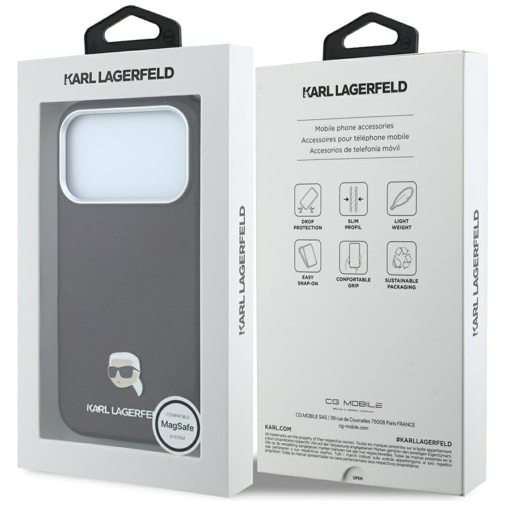 MagSafe pouzdro pro Apple iPhone 18 Pro / 17 Pro, Karl Lagerfeld, Zrnité kovové logo Karlovy hlavy, Tmavě červená