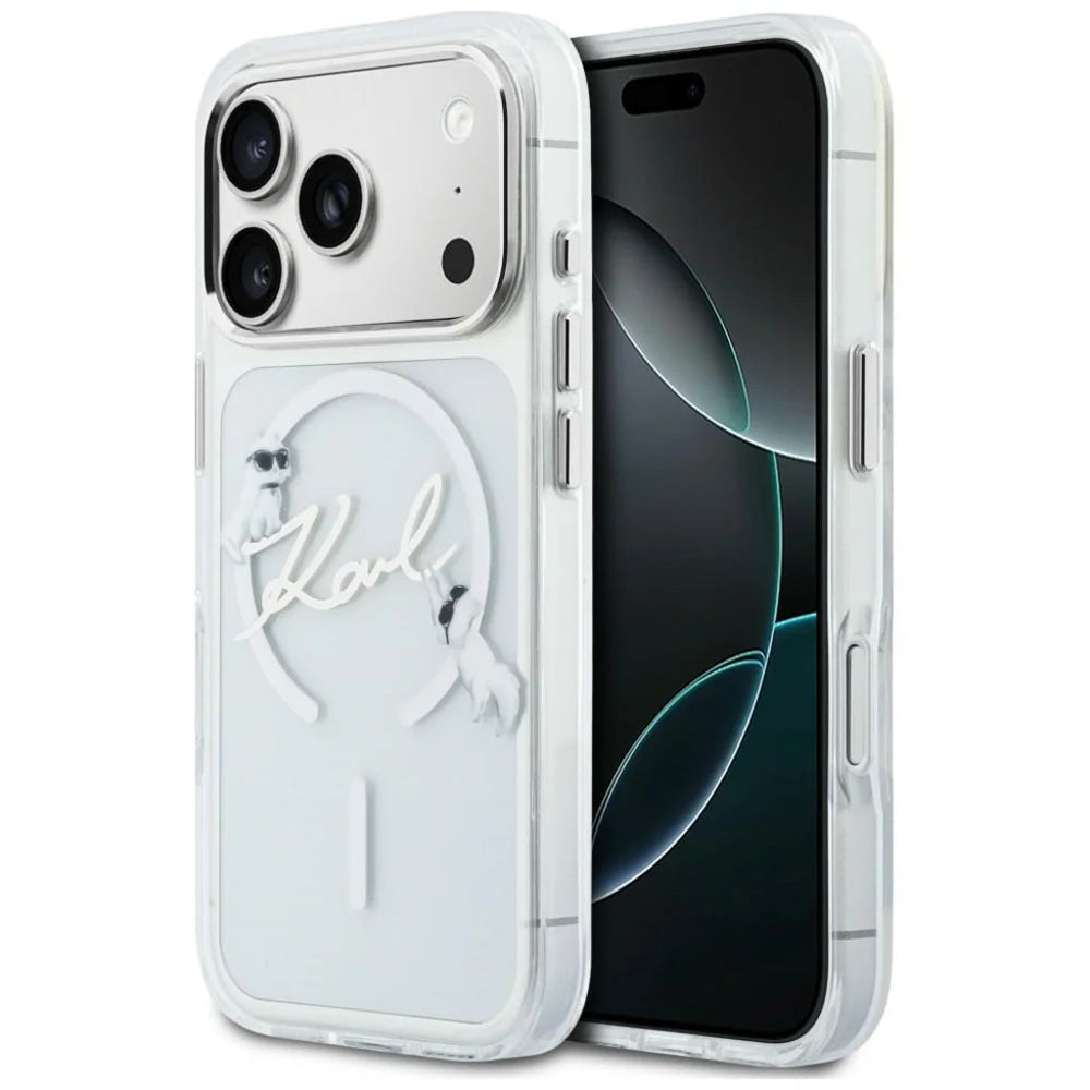 MagSafe pouzdro pro Apple iPhone 18 Pro / 17 Pro, Karl Lagerfeld, IML Choupette Karl Script Logo, Průhledné