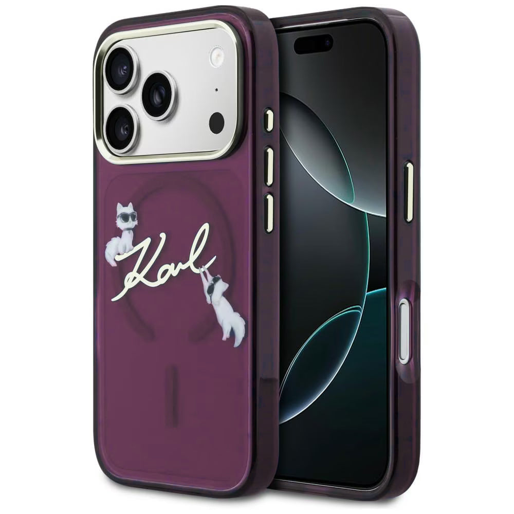 MagSafe pouzdro pro Apple iPhone 18 Pro / 17 Pro, Karl Lagerfeld, IML Choupette Karl Script Logo, Vínová