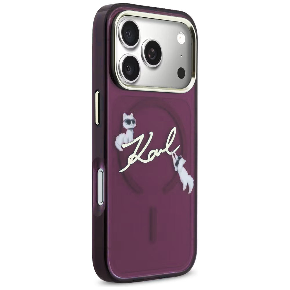 MagSafe pouzdro pro Apple iPhone 18 Pro / 17 Pro, Karl Lagerfeld, IML Choupette Karl Script Logo, Vínová