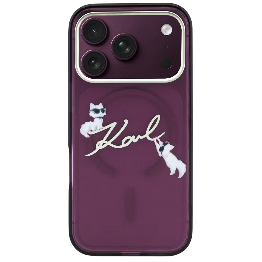 MagSafe pouzdro pro Apple iPhone 18 Pro / 17 Pro, Karl Lagerfeld, IML Choupette Karl Script Logo, Vínová