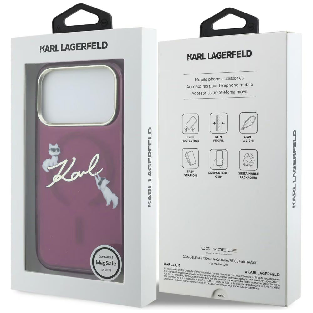 MagSafe pouzdro pro Apple iPhone 18 Pro / 17 Pro, Karl Lagerfeld, IML Choupette Karl Script Logo, Vínová