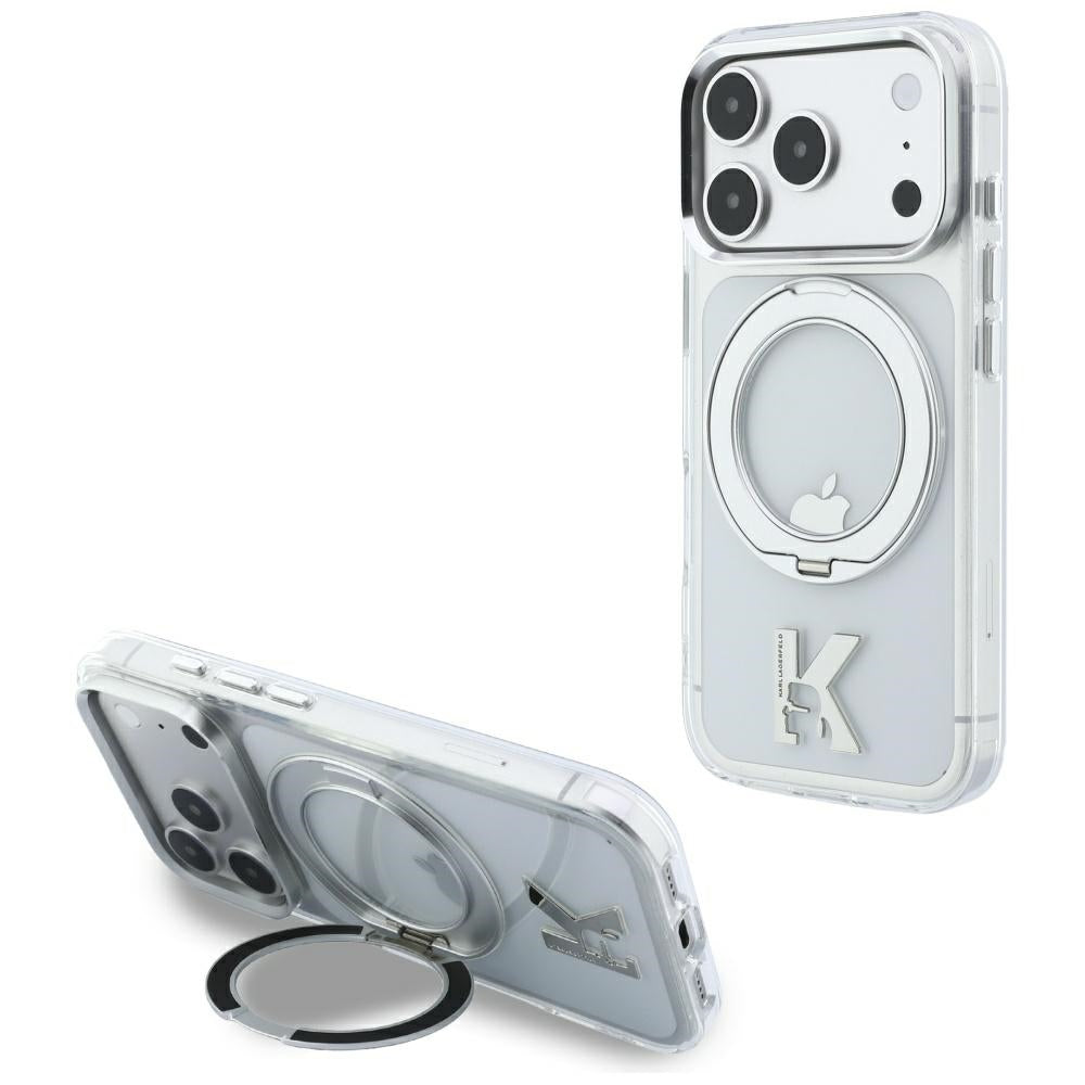 MagSafe pouzdro pro Apple iPhone 18 Pro / 17 Pro, Karl Lagerfeld, IML Ring Stand Kameo Metal, Průhledné