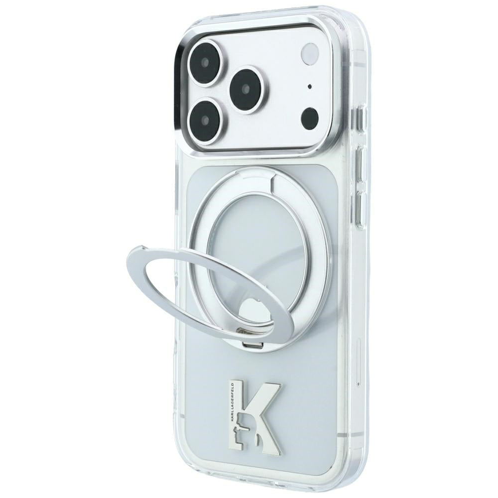 MagSafe pouzdro pro Apple iPhone 18 Pro / 17 Pro, Karl Lagerfeld, IML Ring Stand Kameo Metal, Průhledné