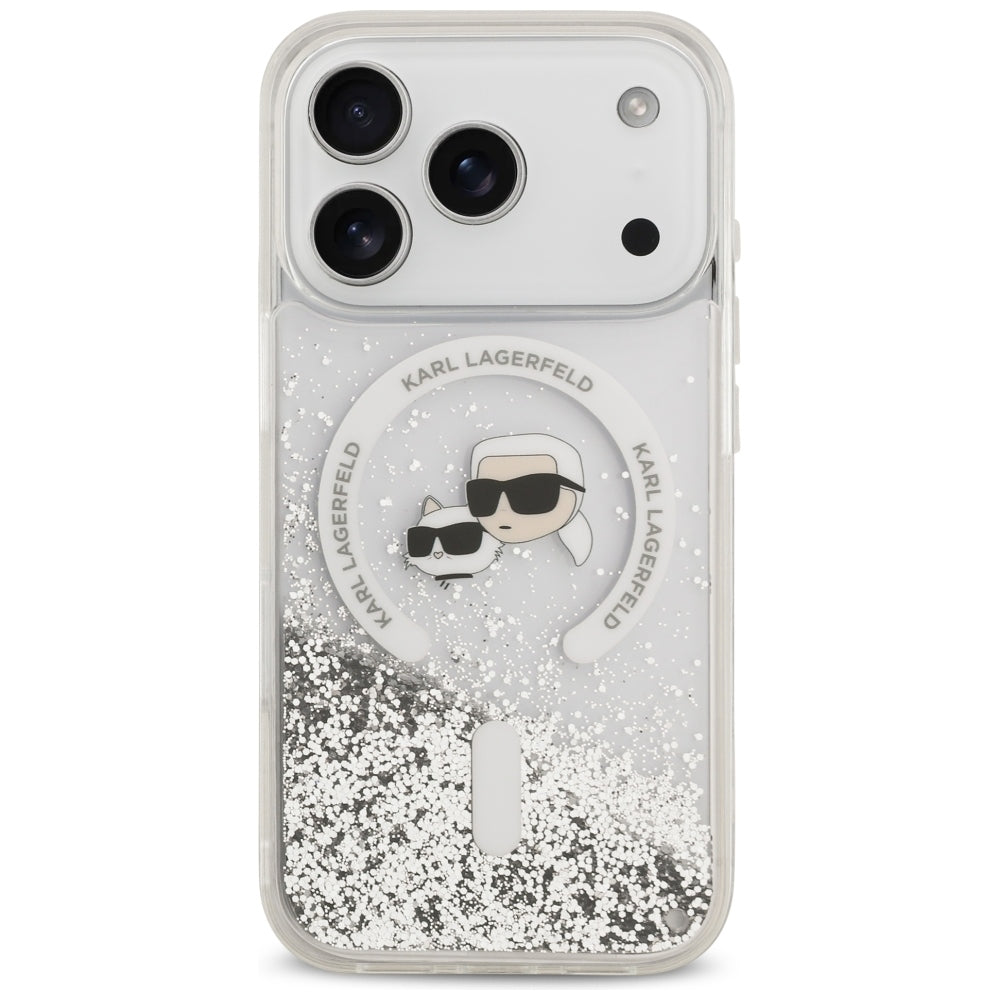 MagSafe pouzdro pro Apple iPhone 18 Pro / 17 Pro, Karl Lagerfeld, Liquid Glitter Karl & Choupette Head's, Transparentní
