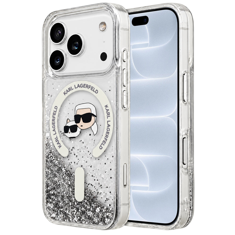 MagSafe pouzdro pro Apple iPhone 18 Pro / 17 Pro, Karl Lagerfeld, Liquid Glitter Karl & Choupette Head's, Transparentní