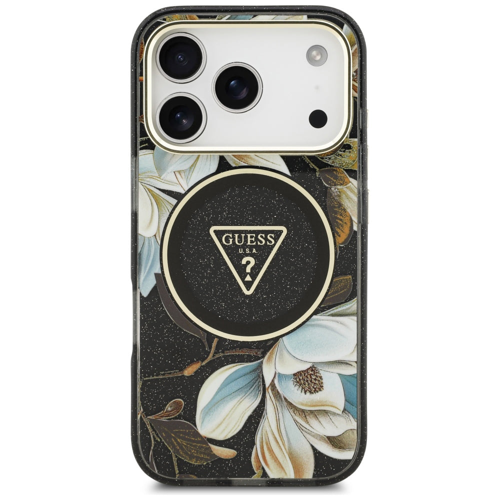 MagSafe pouzdro pro Apple iPhone 18 Pro, Guess, IML Metal Glitter Flowers Triangle, černé
