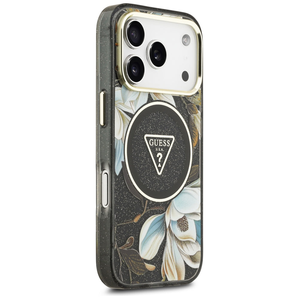 MagSafe pouzdro pro Apple iPhone 18 Pro, Guess, IML Metal Glitter Flowers Triangle, černé