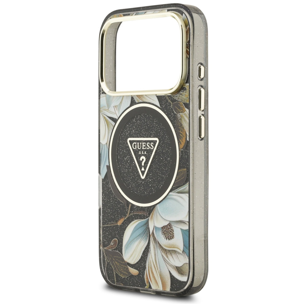 MagSafe pouzdro pro Apple iPhone 18 Pro, Guess, IML Metal Glitter Flowers Triangle, černé