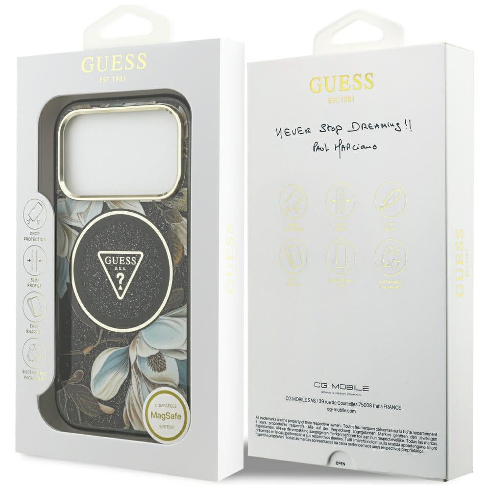 MagSafe pouzdro pro Apple iPhone 18 Pro, Guess, IML Metal Glitter Flowers Triangle, černé
