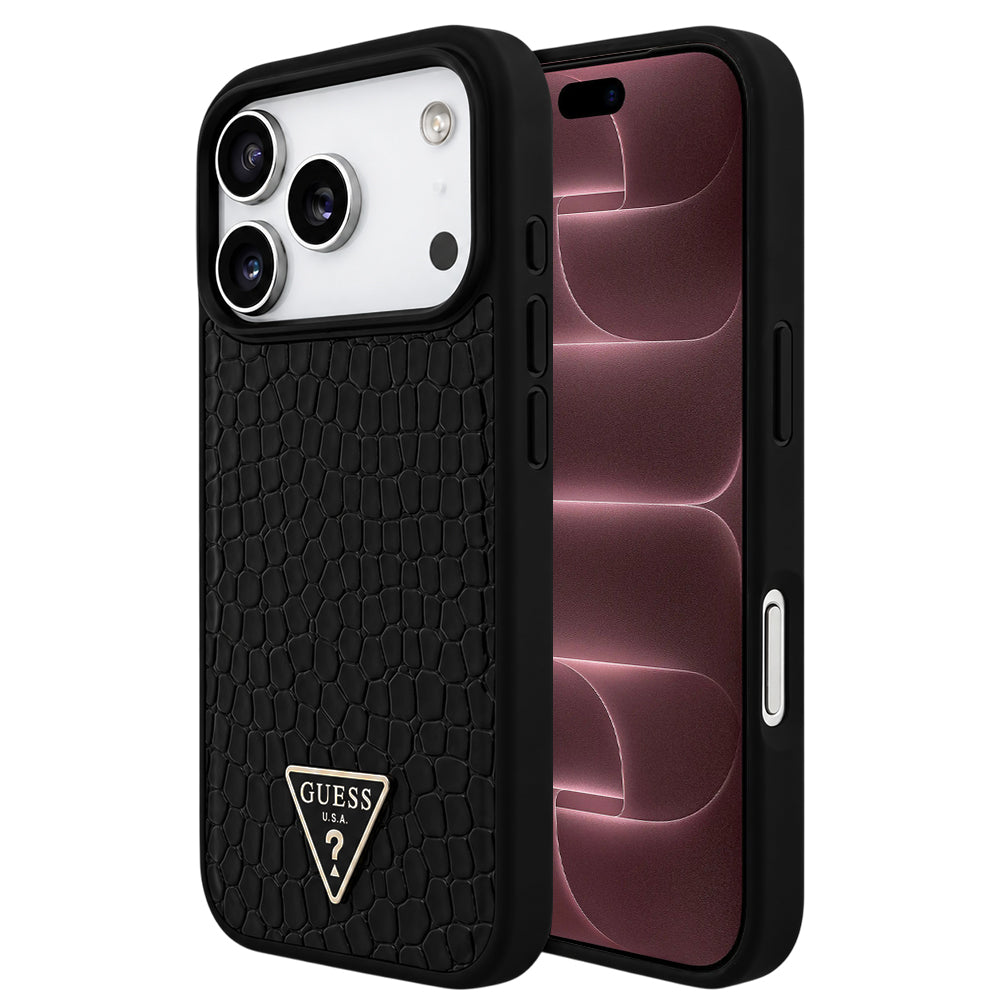 Pouzdro MagSafe pro Apple iPhone 18 Pro Max / 17 Pro Max, Guess, Croco Triangle Logo, černé