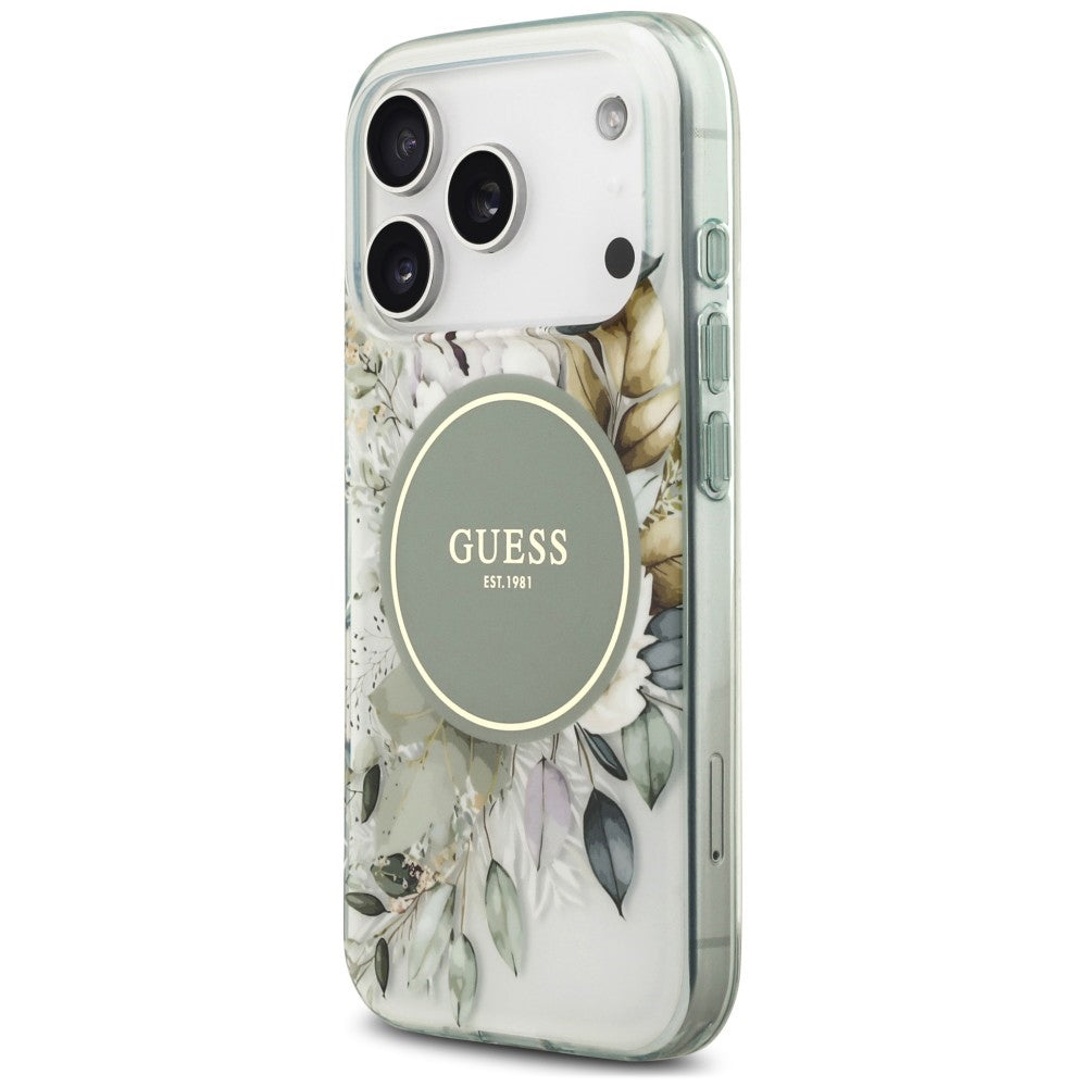 Pouzdro MagSafe pro Apple iPhone 18 Pro Max / 17 Pro Max, Guess, IML Flower & Tonal Circle, zelené