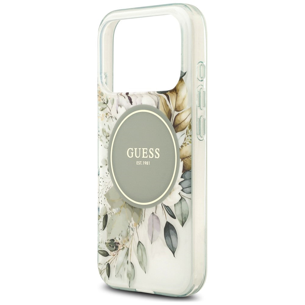 Pouzdro MagSafe pro Apple iPhone 18 Pro Max / 17 Pro Max, Guess, IML Flower & Tonal Circle, zelené