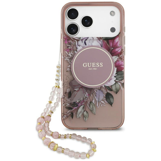 Pouzdro MagSafe pro Apple iPhone 18 Pro Max / 17 Pro Max, Guess, IML Flowers with Pearl Strap, růžové