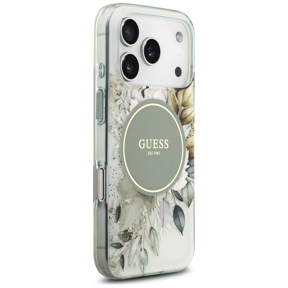 Pouzdro MagSafe pro Apple iPhone 18 Pro Max / 17 Pro Max, Guess, IML Flowers with Pearl Strap, zelené