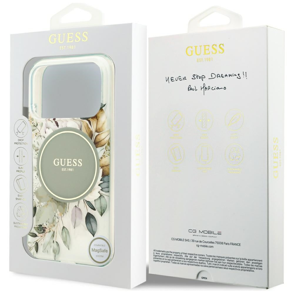Pouzdro MagSafe pro Apple iPhone 18 Pro Max / 17 Pro Max, Guess, IML Flowers with Pearl Strap, zelené