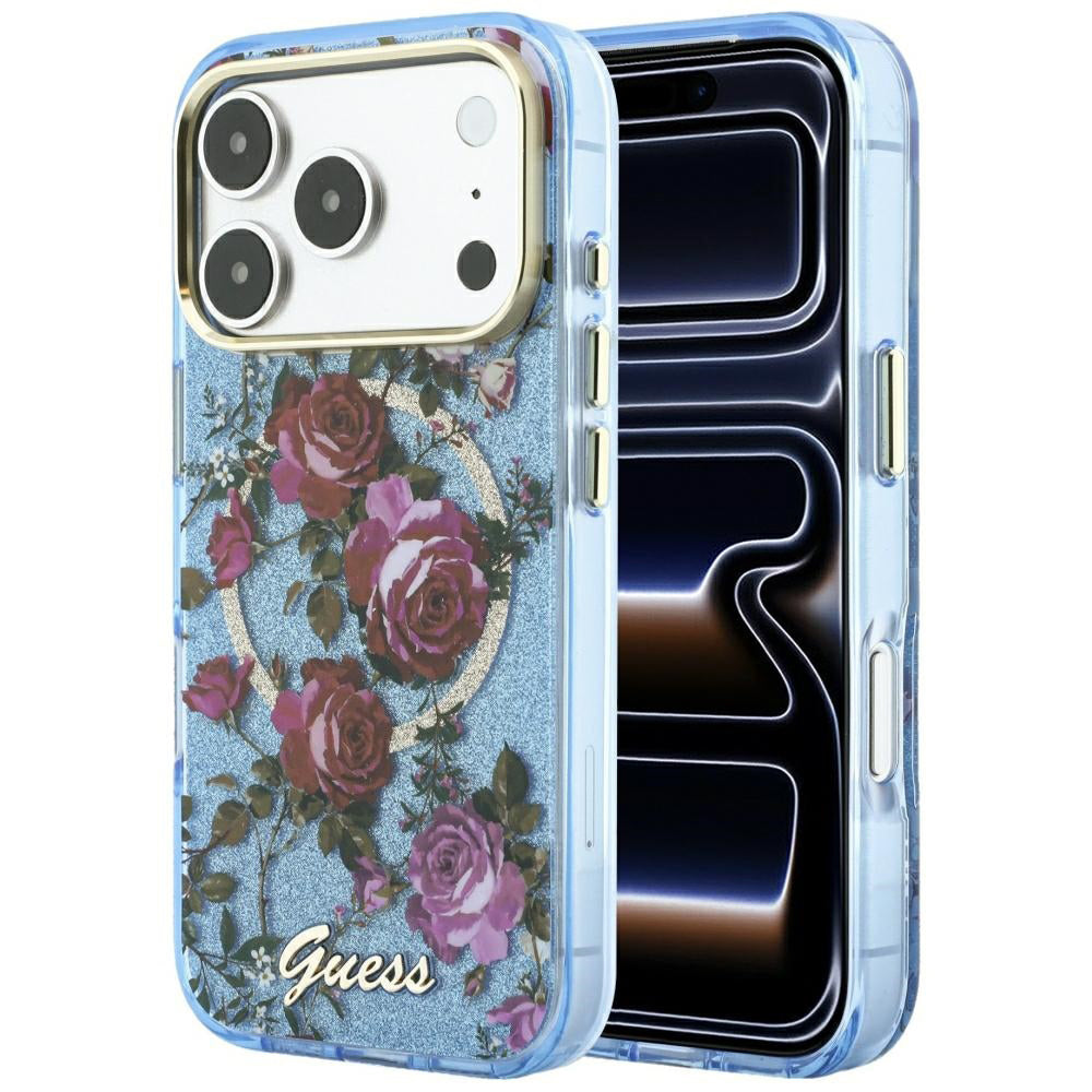 MagSafe pouzdro pro Apple iPhone 18 Pro Max / 17 Pro Max, Guess, IML Glitter Blossom Roses, Bleu