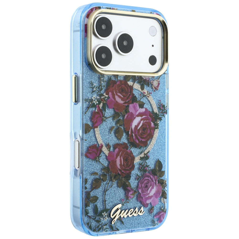 MagSafe pouzdro pro Apple iPhone 18 Pro Max / 17 Pro Max, Guess, IML Glitter Blossom Roses, Bleu