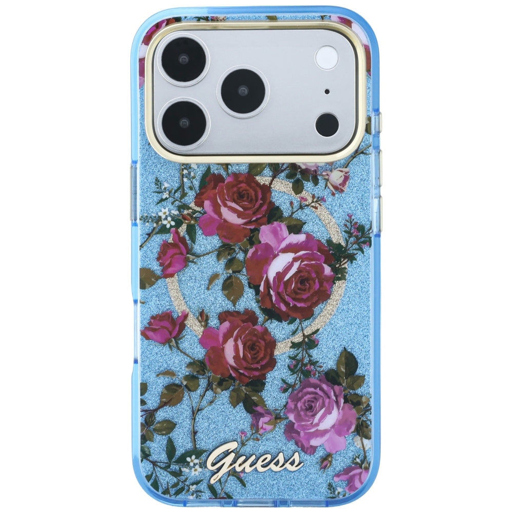 MagSafe pouzdro pro Apple iPhone 18 Pro Max / 17 Pro Max, Guess, IML Glitter Blossom Roses, Bleu