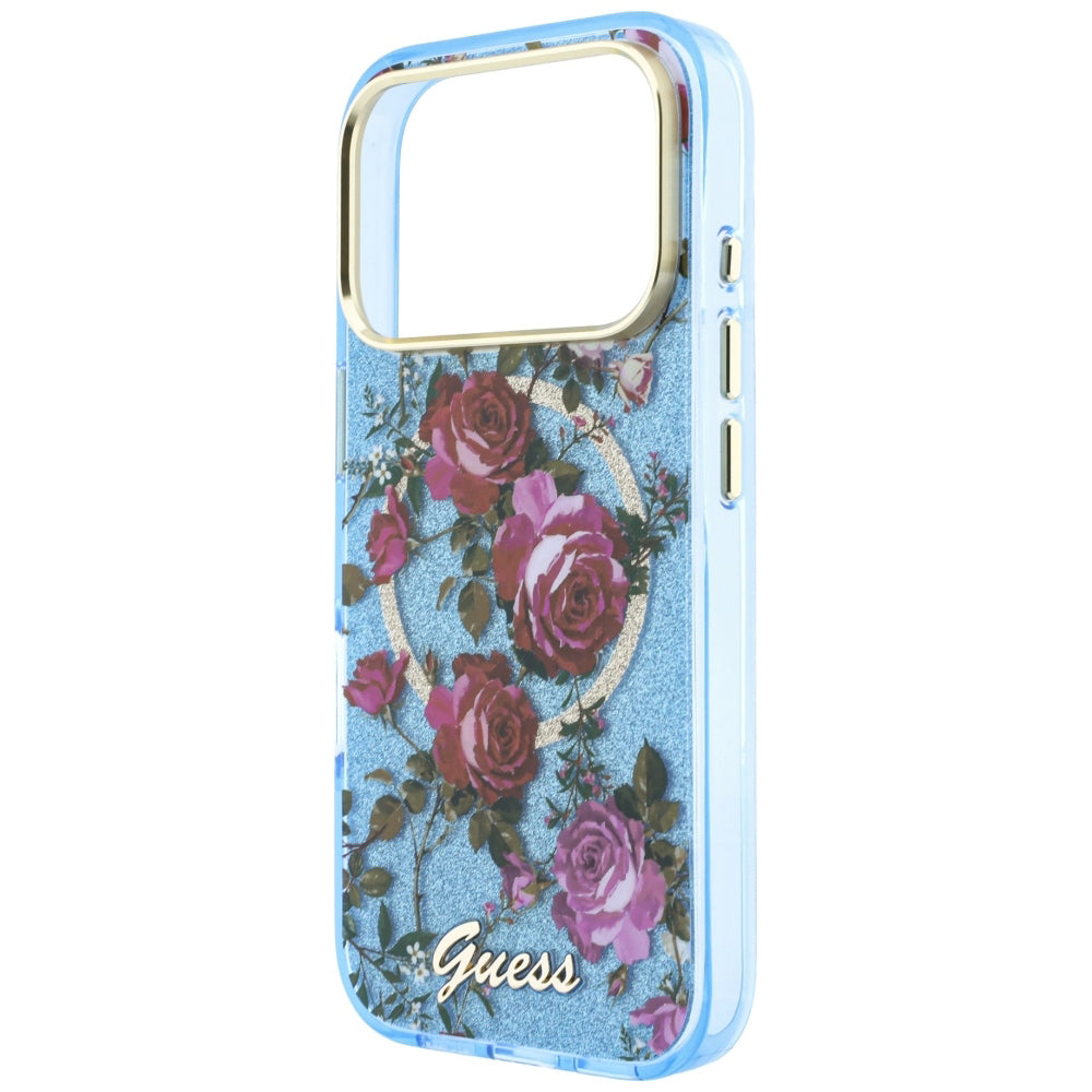 MagSafe pouzdro pro Apple iPhone 18 Pro Max / 17 Pro Max, Guess, IML Glitter Blossom Roses, Bleu