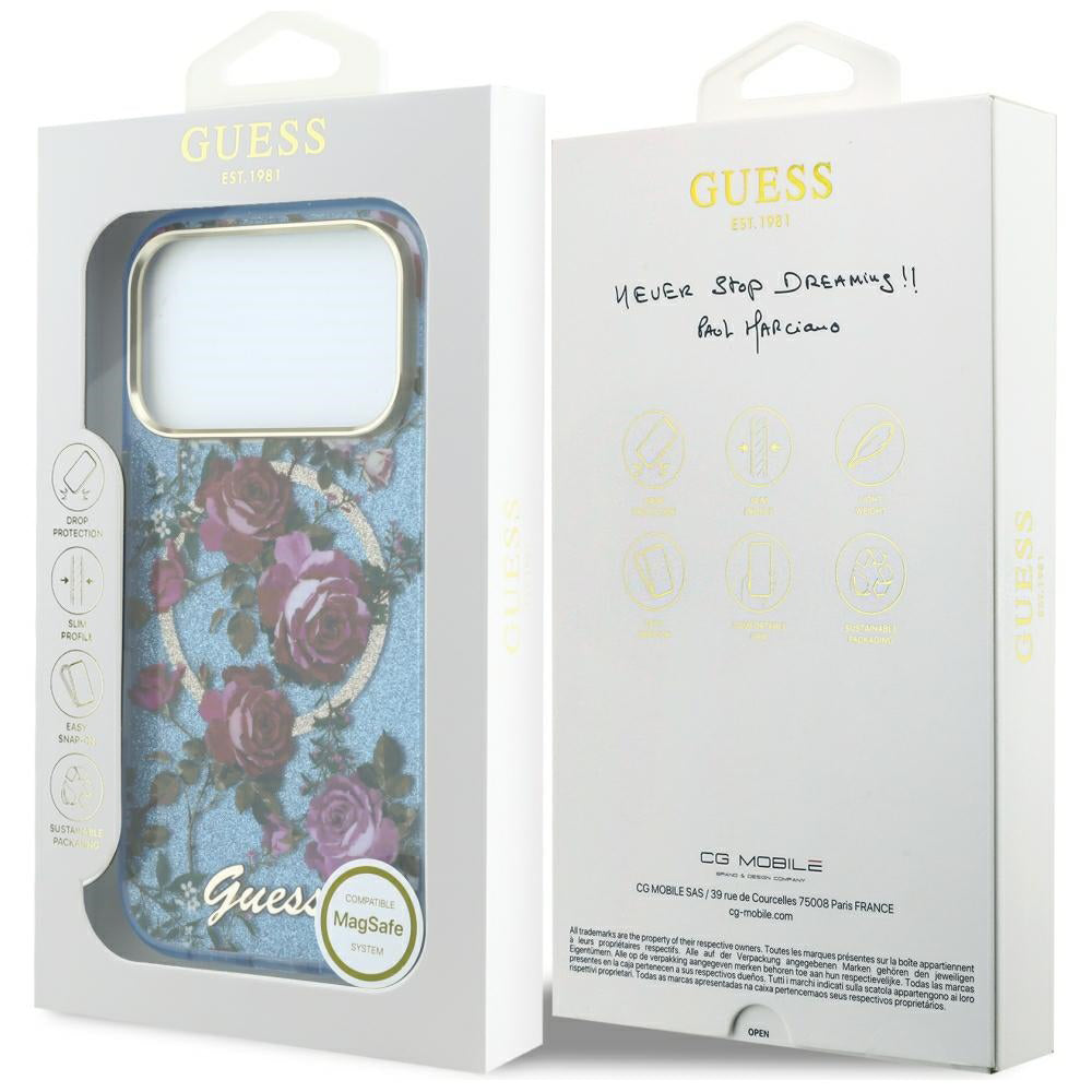 MagSafe pouzdro pro Apple iPhone 18 Pro Max / 17 Pro Max, Guess, IML Glitter Blossom Roses, Bleu