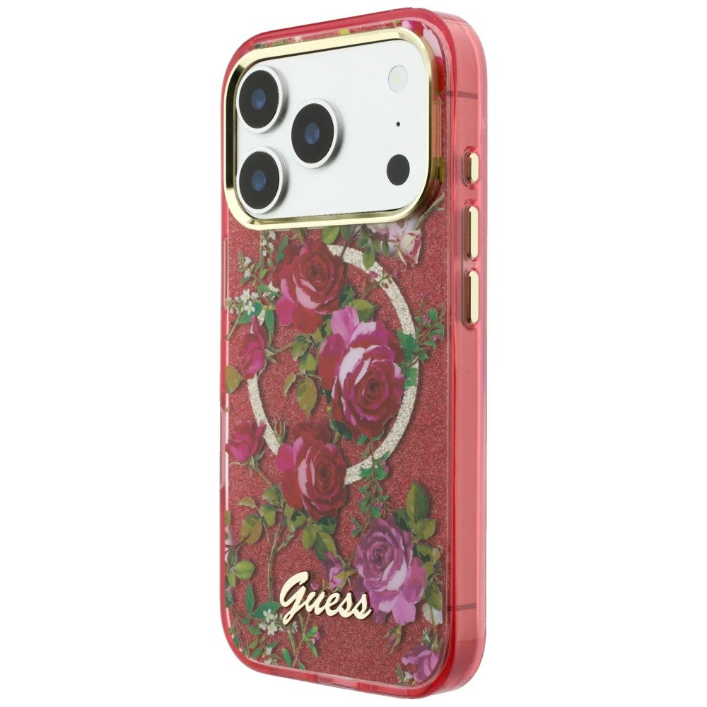 MagSafe pouzdro pro Apple iPhone 18 Pro Max / 17 Pro Max, Guess, IML Glitter Blossom Roses, Tmavě červená