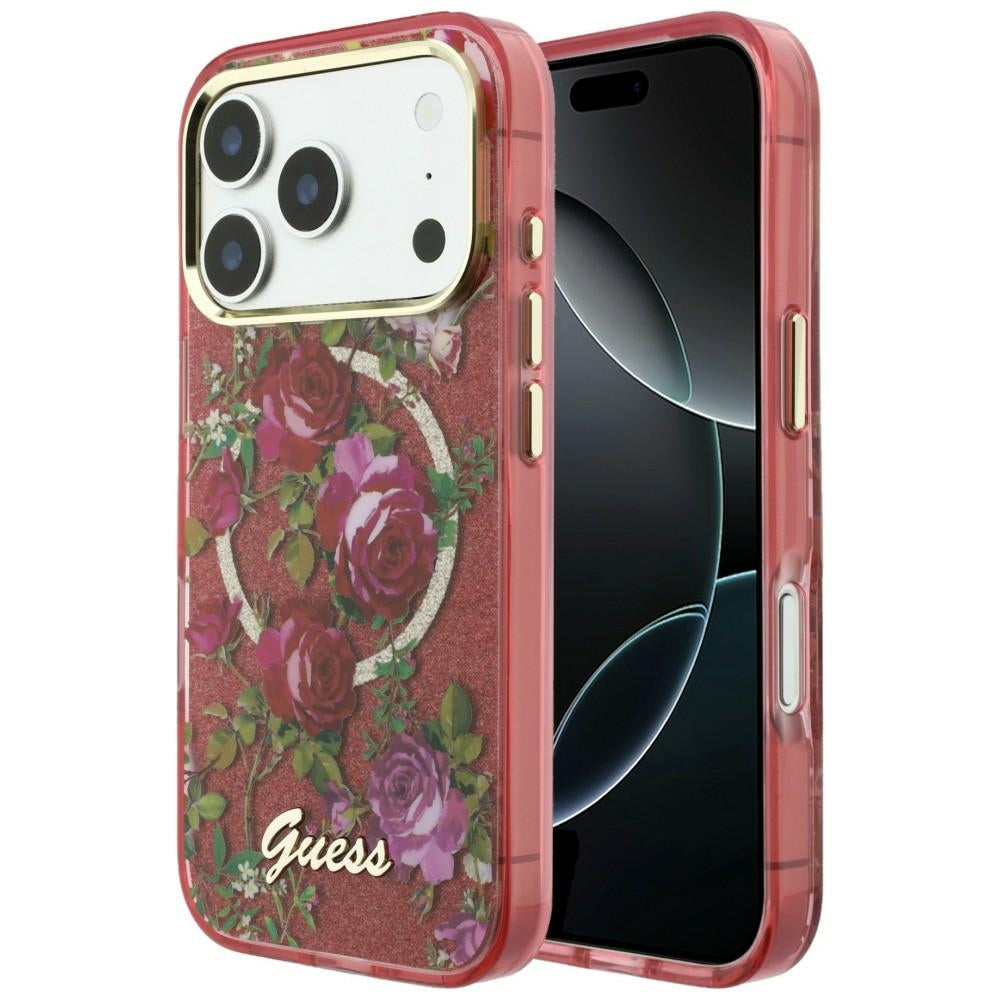 MagSafe pouzdro pro Apple iPhone 18 Pro Max / 17 Pro Max, Guess, IML Glitter Blossom Roses, Tmavě červená