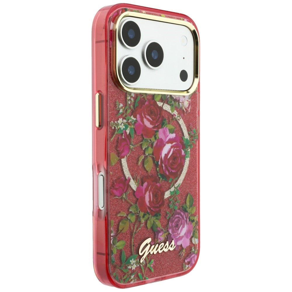 MagSafe pouzdro pro Apple iPhone 18 Pro Max / 17 Pro Max, Guess, IML Glitter Blossom Roses, Tmavě červená