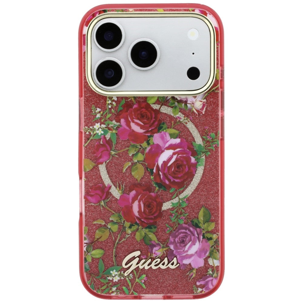 MagSafe pouzdro pro Apple iPhone 18 Pro Max / 17 Pro Max, Guess, IML Glitter Blossom Roses, Tmavě červená