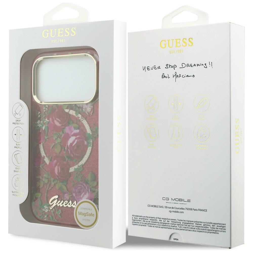 MagSafe pouzdro pro Apple iPhone 18 Pro Max / 17 Pro Max, Guess, IML Glitter Blossom Roses, Tmavě červená