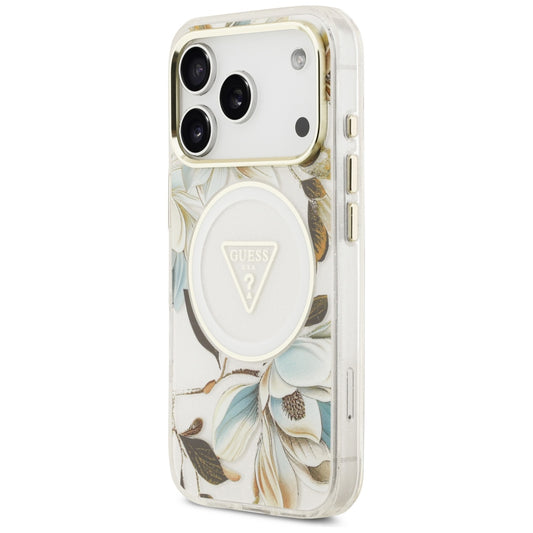 Pouzdro MagSafe pro Apple iPhone 18 Pro Max / 17 Pro Max, Guess, IML Metal Glitter Flowers Triangle, bílé