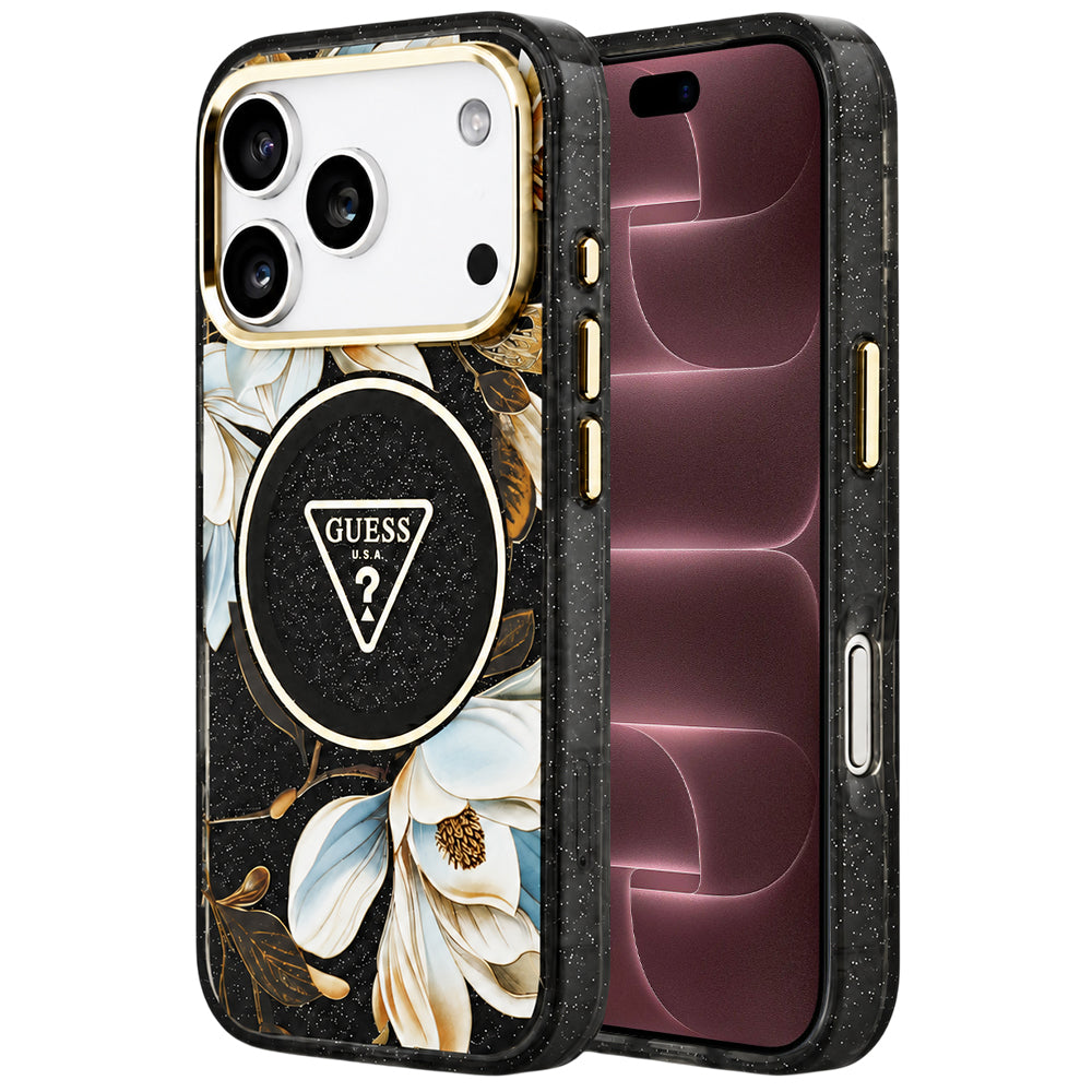 Pouzdro MagSafe pro Apple iPhone 18 Pro Max / 17 Pro Max, Guess, IML Metal Glitter Flowers Triangle, černé