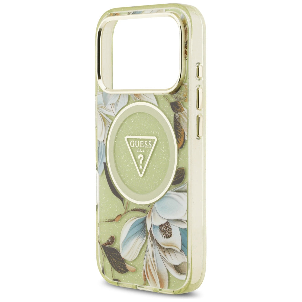 Pouzdro MagSafe pro Apple iPhone 18 Pro Max / 17 Pro Max, Guess, IML Metal Glitter Flowers Triangle, zelené