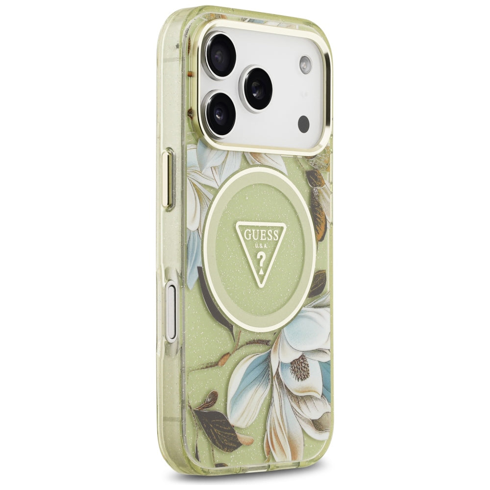 Pouzdro MagSafe pro Apple iPhone 18 Pro Max / 17 Pro Max, Guess, IML Metal Glitter Flowers Triangle, zelené