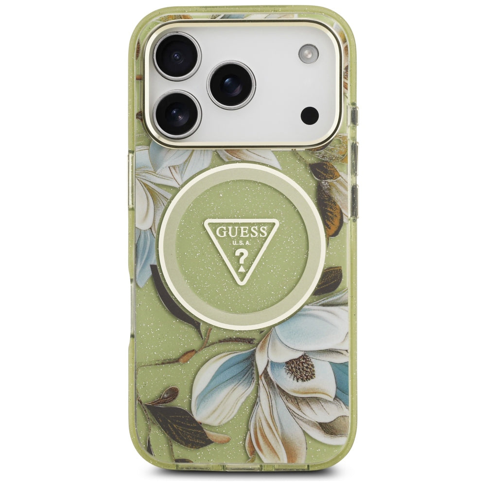 Pouzdro MagSafe pro Apple iPhone 18 Pro Max / 17 Pro Max, Guess, IML Metal Glitter Flowers Triangle, zelené