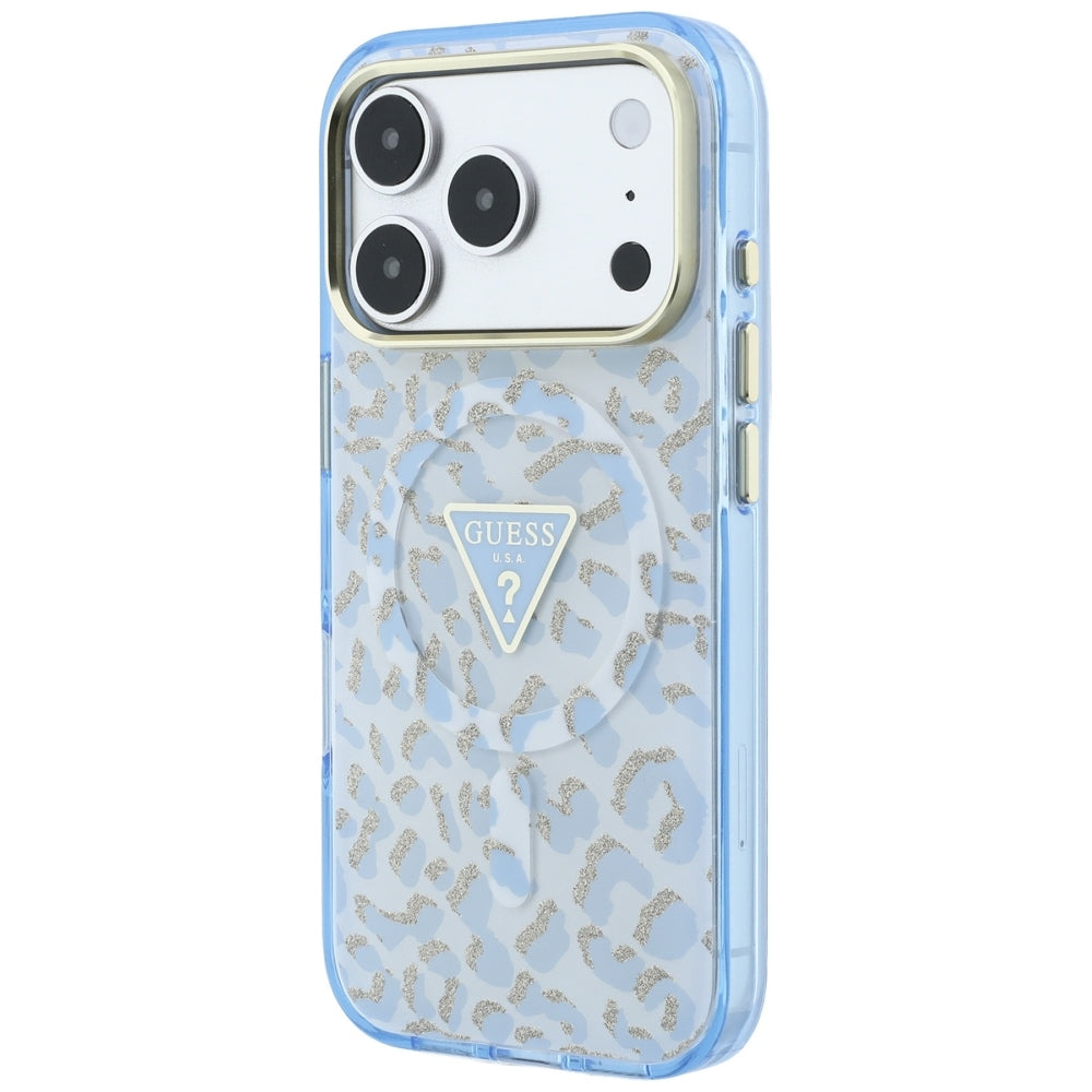 MagSafe pouzdro pro Apple iPhone 18 Pro Max / 17 Pro Max, Guess, Leopard Glitter Triangle Logo, Bleu