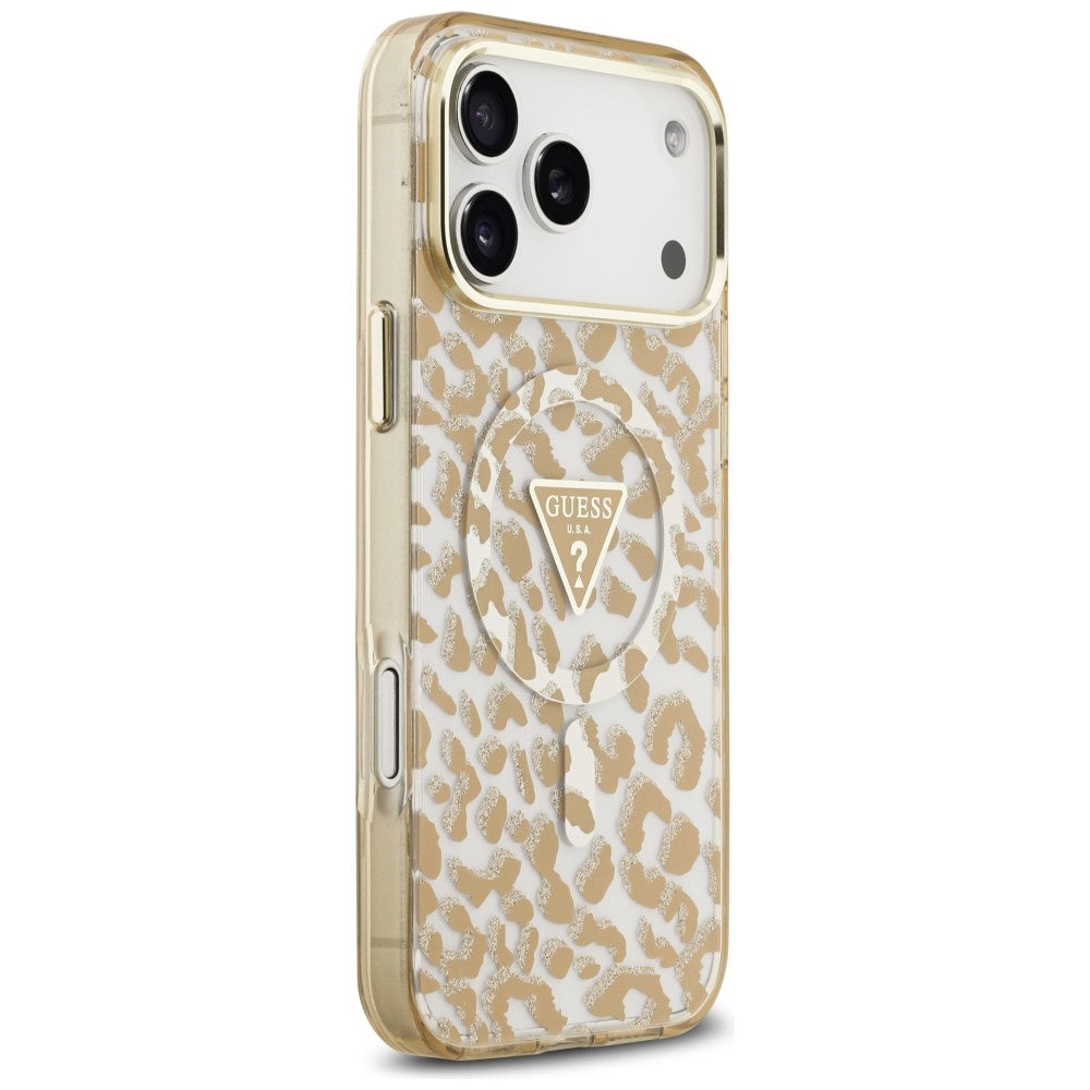 MagSafe pouzdro pro Apple iPhone 18 Pro Max / 17 Pro Max, Guess, Leopard Glitter Triangle Logo, Hnědá