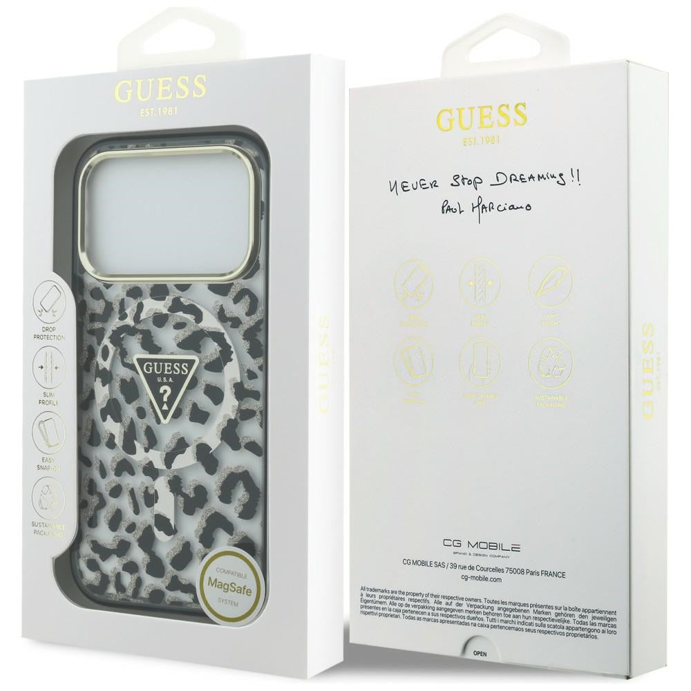 MagSafe pouzdro pro Apple iPhone 18 Pro Max / 17 Pro Max, Guess, Leopard Glitter Triangle Logo, černé