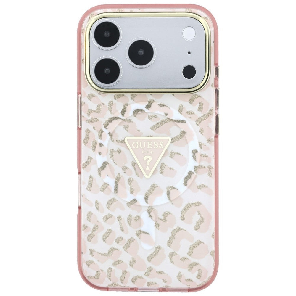 MagSafe pouzdro pro Apple iPhone 18 Pro Max / 17 Pro Max, Guess, Leopard Glitter Triangle Logo, Růžová