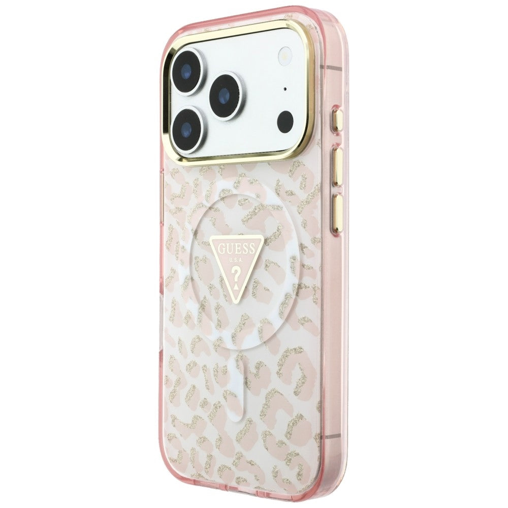 MagSafe pouzdro pro Apple iPhone 18 Pro Max / 17 Pro Max, Guess, Leopard Glitter Triangle Logo, Růžová