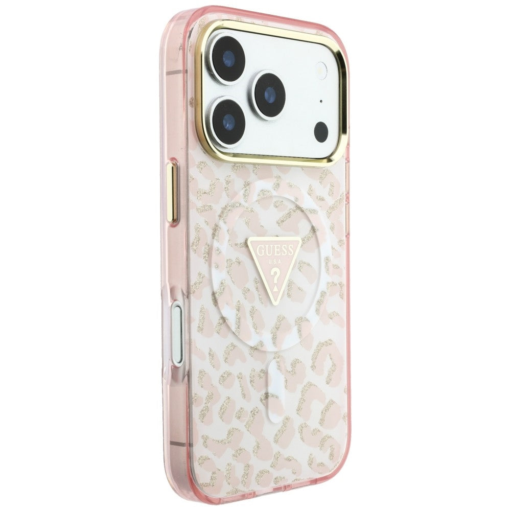 MagSafe pouzdro pro Apple iPhone 18 Pro Max / 17 Pro Max, Guess, Leopard Glitter Triangle Logo, Růžová