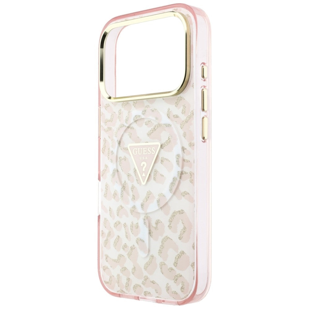 MagSafe pouzdro pro Apple iPhone 18 Pro Max / 17 Pro Max, Guess, Leopard Glitter Triangle Logo, Růžová